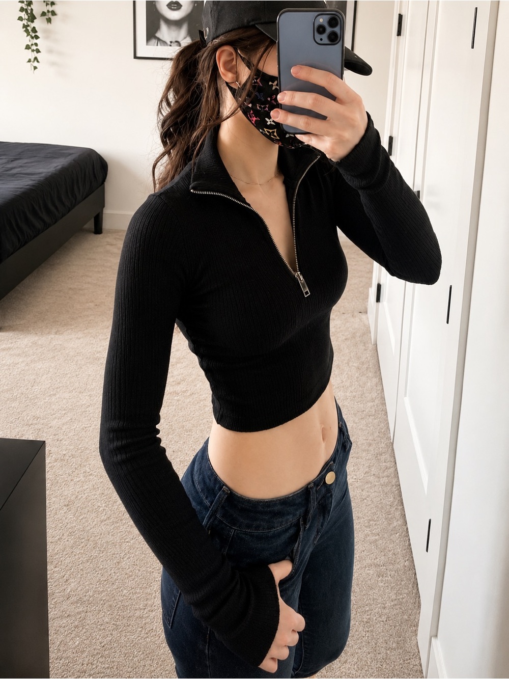 H&M Divided Ribbed Zip Up Crop Top Black Long Sleeve Y2K 🍒